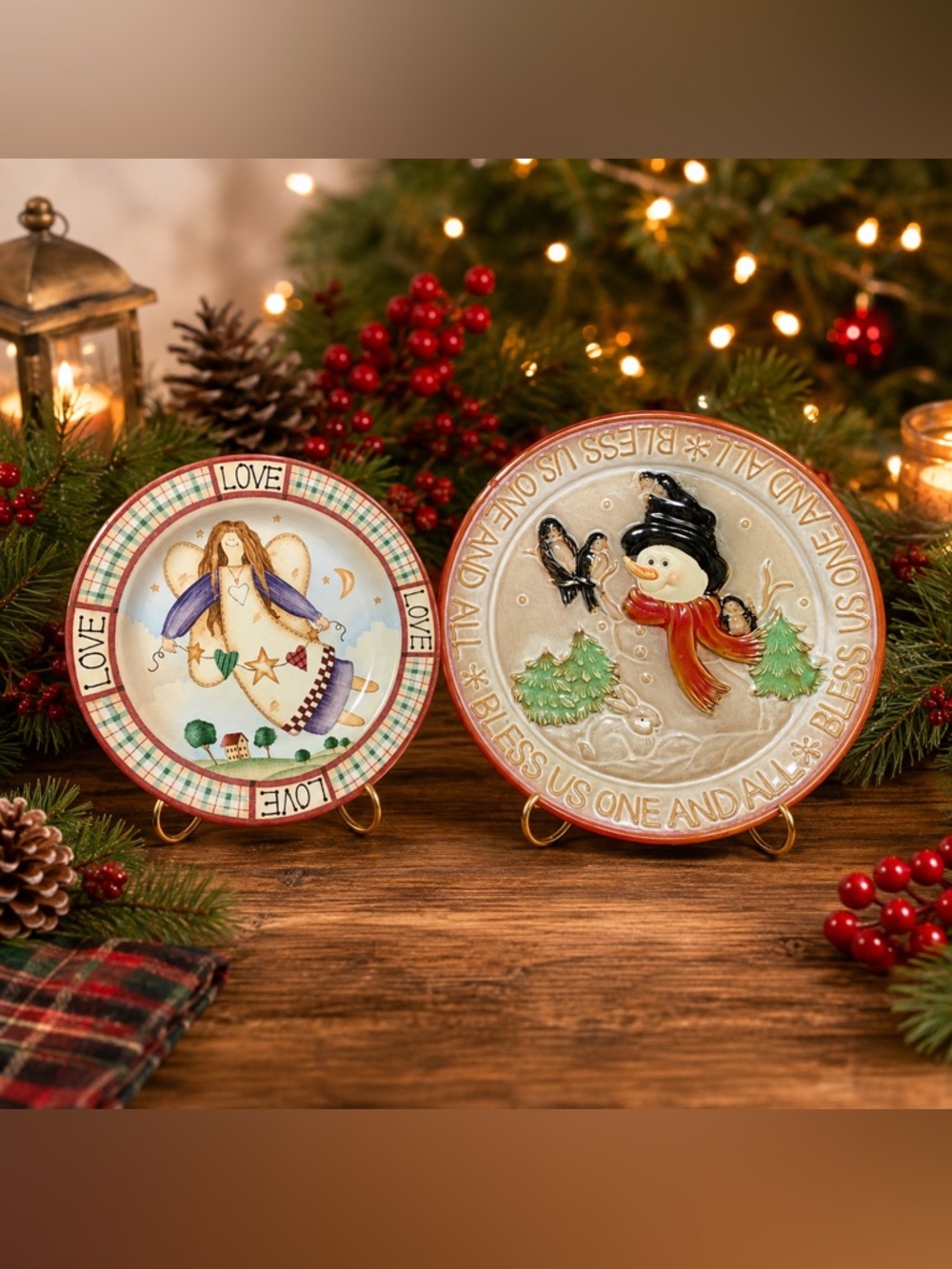 🔍Debbie Mumm “Gathering of Angels” Plate + Vintage Gift Magic Snowman Platter
